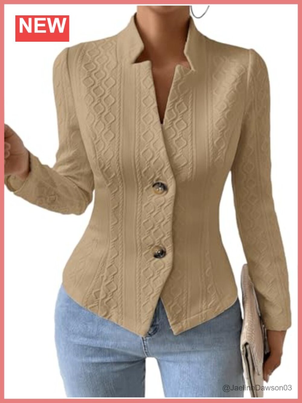 Jacquard Knit Sweater Blazer Jacket Slim Fit Stand Collar V-Neck Full-Lined